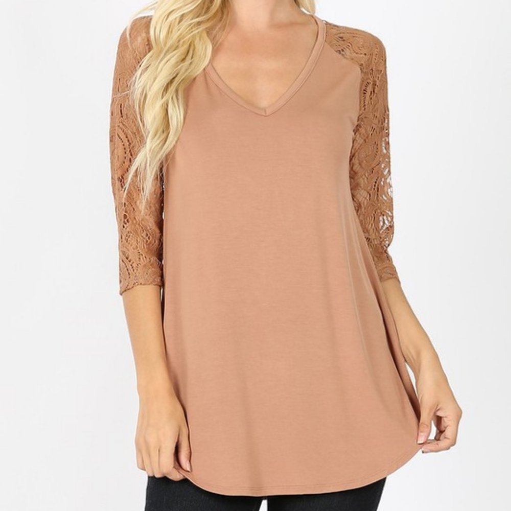 Lace Long Sleeve V-Neck Dolphin Hem Top